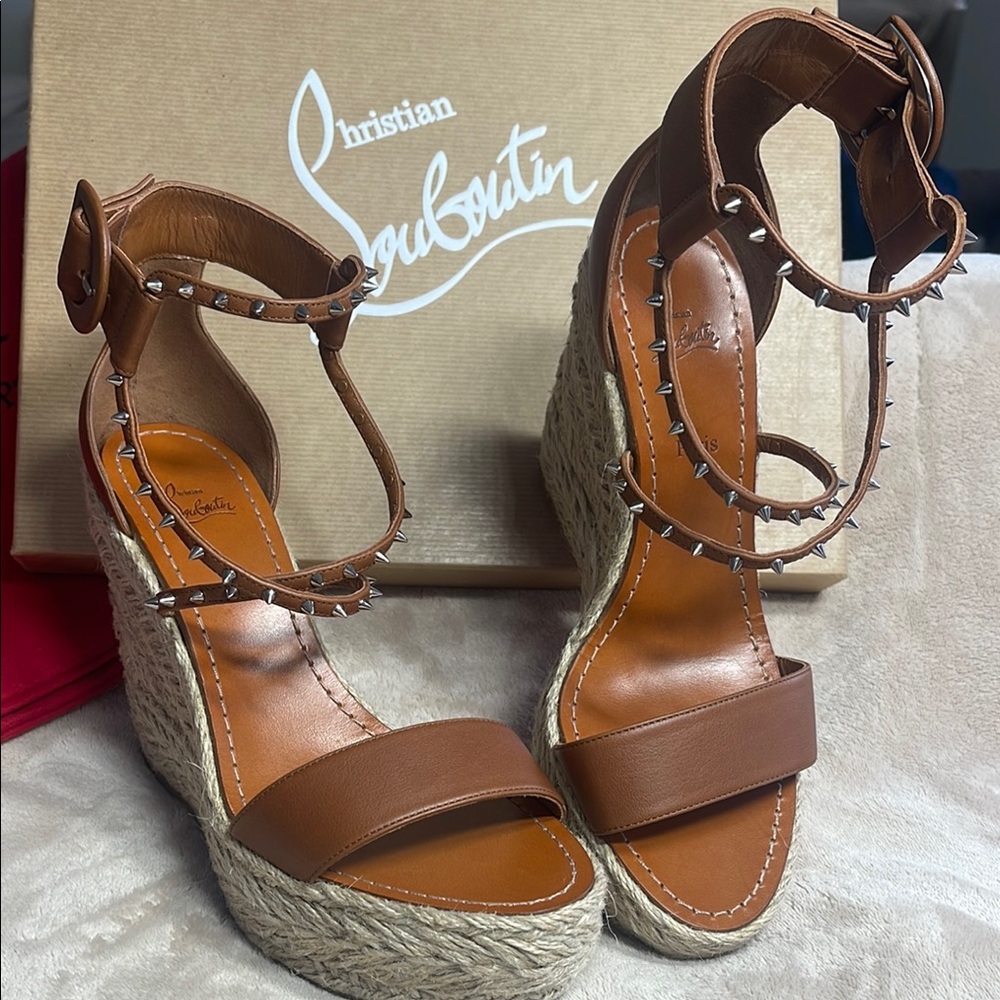 Christian Louboutin Brown Wedge Sandals CHOCAZEPPA SPIKES 120